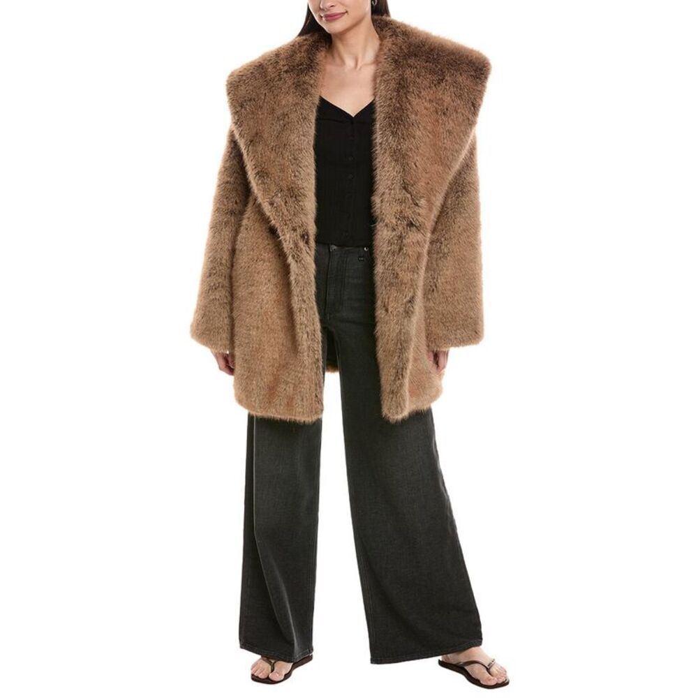 Weworewhat Womens  Shawl Collar Faux Fur Coat, Brown